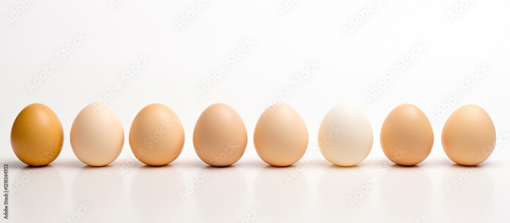 Poster Assorted chicken eggs in varying shades of beige arranged in a straight line on a white surface with a minimalistic background for copy space.