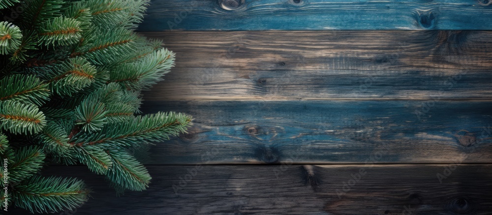 Poster rustic wooden background featuring dark and light brown tones complemented by fresh green pine branc