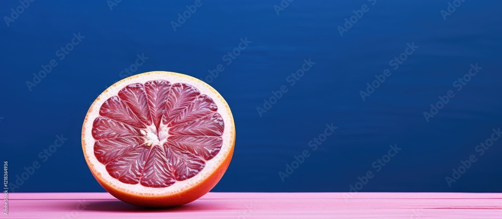 Poster vibrant purple backdrop with a pink surface features a perfectly sliced grapefruit positioned on the