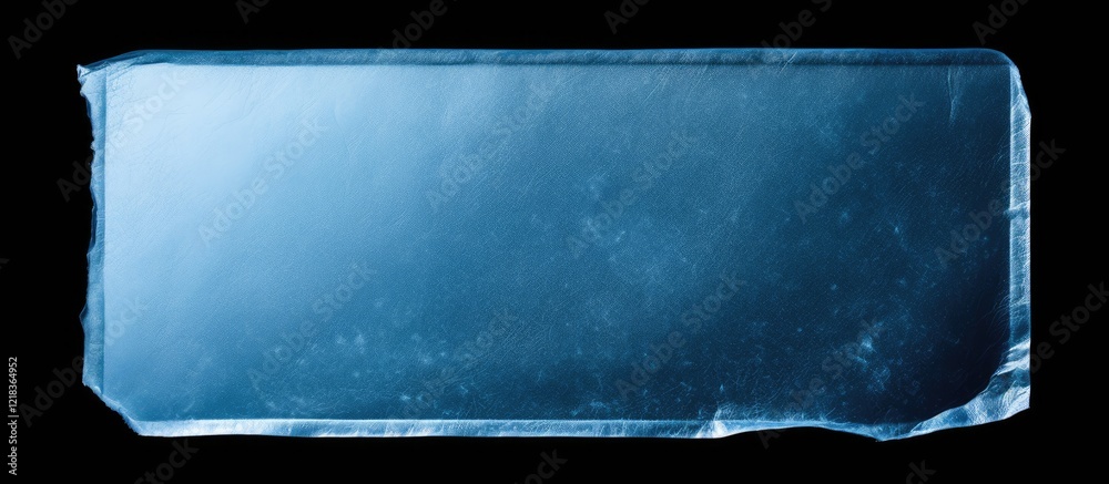Poster transparent ice block with smooth edges, reflecting light in shades of blue against a black backgrou