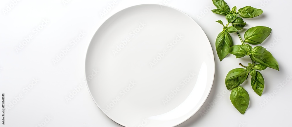 Aufkleber fresh green basil leaves displayed elegantly beside a clean white plate captured from above on a bri
