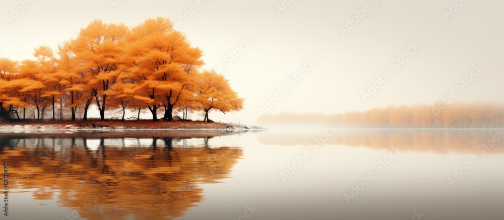 Aufkleber Autumn landscape with vivid orange trees by serene lake reflecting over soft beige sky creating ample space for text and design elements