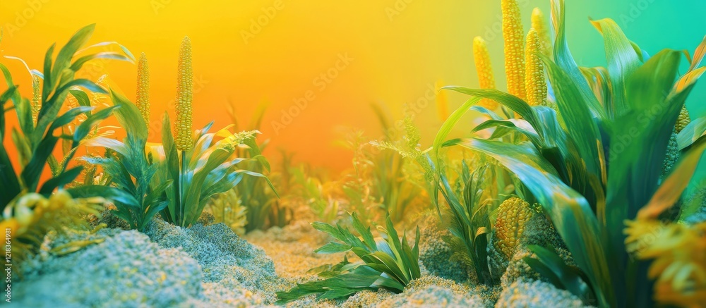 Poster vibrant bio domain background with soft orange and green hues showcasing dehydrated corn in lush gre