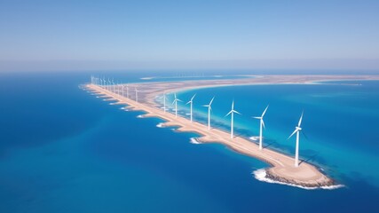 Obraz premium Aerial View of Wind Turbines on Coastal Island Surrounded by Clear Blue Ocean Water with Minimal Wave Action and Sandy Shoreline Under a Bright Sky