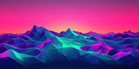 A vibrant, abstract landscape of polygonal mountains under a colorful sky.