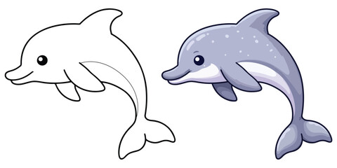 Dolphin in Underwater Line Art Vector Illustration Black and White with Coloring Sample. Bold and Easy Food, Animal and Ocean Coloring Pages for Adults and Kids