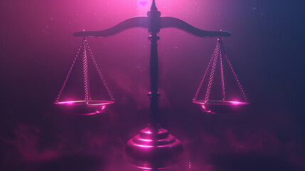 glowing scale of justice in mystical purple haze, symbolizing balance and fairness. intricate design highlights importance of law and order in society