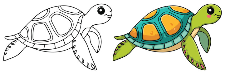 Sea Turtles in Underwater Line Art Vector Illustration Black and White with Coloring Sample. Bold and Easy Food, Animal and Ocean Coloring Pages for Adults and Kids © Crafter