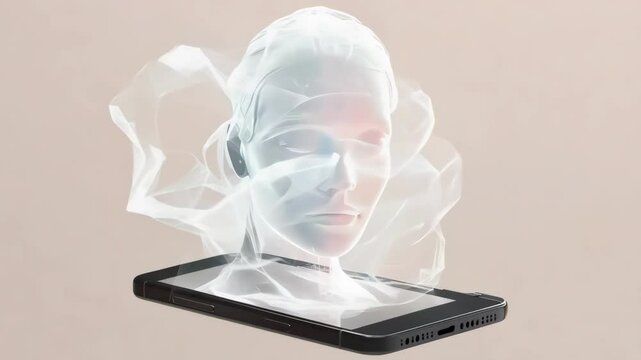 3D Female Virtual Assistant Head on Modern Cellphone Screen Speaking in Gray Background
