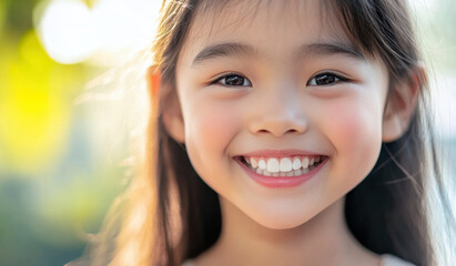 Fototapeta premium joyful girl with bright smile and perfect white teeth, surrounded by nature beauty, radiating happiness and health