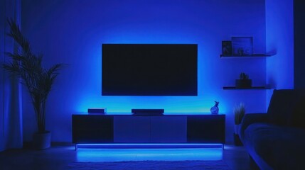 Modern Living Room with Blue LED Lighting Accentuating the TV and Furniture