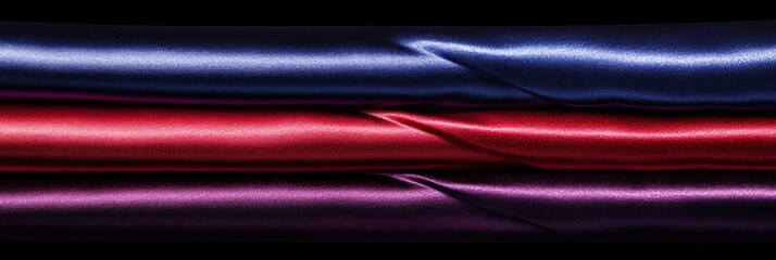 Elegant folds of three glossy fabrics in purple, red and navy blue hues on a black background