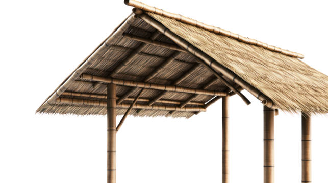Stylish bamboo hut with a thatched roof, ideal for tropical settings. Perfect for use in designs related to nature, travel, and cultural themes.