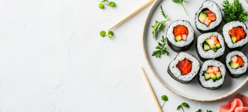 Freshly prepared sushi rolls on a plate ready to be served