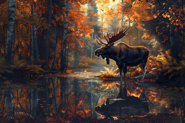 Majestic Moose in Autumnal Forest: A Spectacle of Strength and Serenity