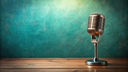 Retro style microphone on table in front aquamarine wall background with warm light, microphone, retro,  microphone,retro