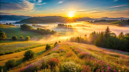 Obraz premium Drone's eye view: a dreamy, misty meadow ablaze with wildflowers on a tranquil hillside.