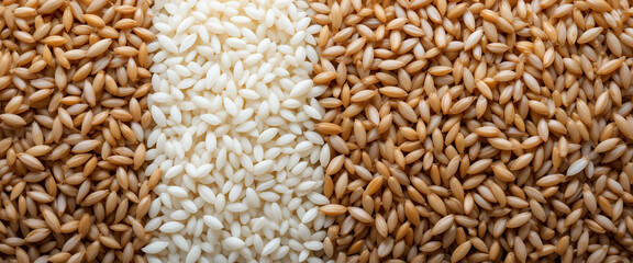 Obraz premium Whole grain rice, white rice, brown rice, tri-color rice blend, macro photography, food texture, nutritional variety, grain comparison, culinary ingredients, healthy carbohydrates, diverse rice types,