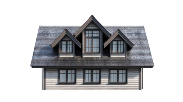 Three-story house with a pitched roof, large windows, and a classic design on a white isolated background.