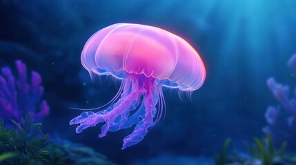 a vivid, glowing jellyfish drifting in the deep ocean, its bioluminescent light casting an enchanting glow in the dark waters