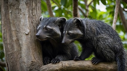 Fototapeta premium Nature's Affection: Binturong Family Sharing a Moment in the Canopy