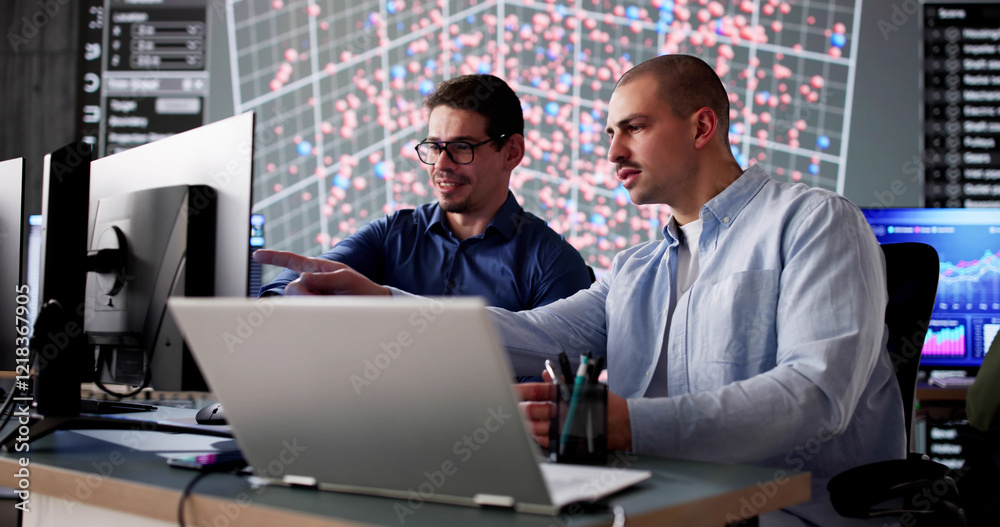 Poster Man in cyber data team monitoring computer technology in office