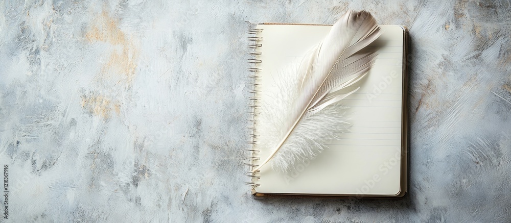 Fototapete Elegant flat lay of a blank spiral notebook with a soft white feather resting on top, set against a textured light gray background.