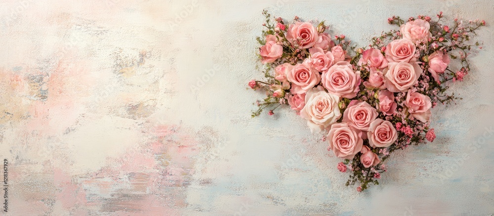 Aufkleber floral heart design featuring pink roses on a soft pastel background with ample space for text creat