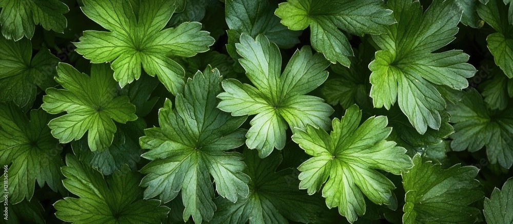 Poster lush green foliage layers with varying shades of green, showcasing intricate leaf patterns in a dens