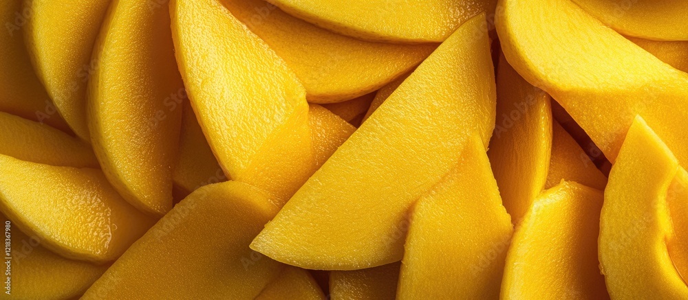 Poster Vibrant close-up of fresh yellow mango slices arranged in a layered pattern showcasing their smooth texture and natural color variations.