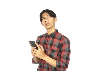 asian, phone, man, forget, forget, forget, forget, person, Young Asian man thinking something while holding mobile phone