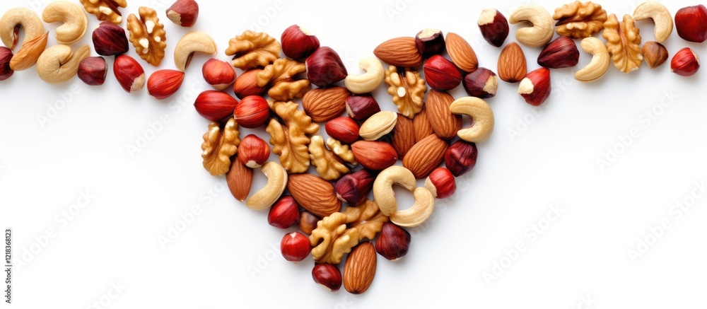 Aufkleber Mixed nuts arranged in a heart shape centered on a white background with ample copy space for text or other images showcasing natural textures