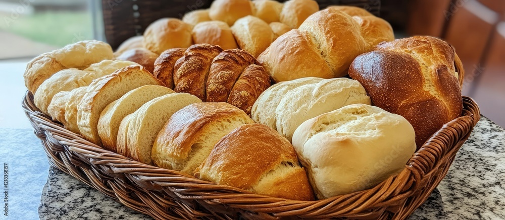 Poster assorted freshly baked breads in a woven basket arranged on a marble countertop warm golden browns a