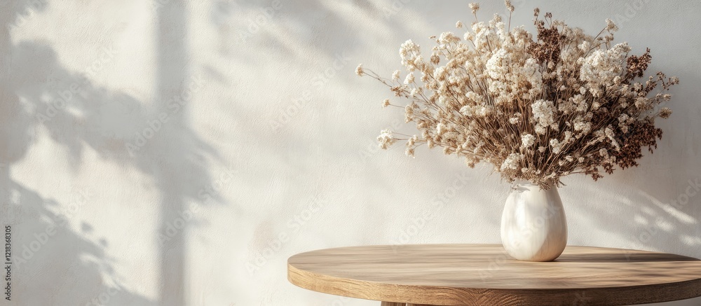Poster boho style wooden pedestal table with dry flowers in a white vase against a light wall background sh