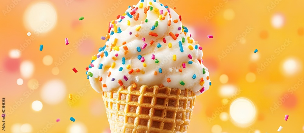 Aufkleber Vanilla ice cream in a waffle cone topped with colorful sprinkles against a warm orange background with soft bokeh lights creating a summer feel