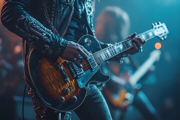 Musicians perform live at a rock concert showcasing electric guitar skills during the energetic...