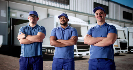 Cheerful truck drivers flashing big smiles