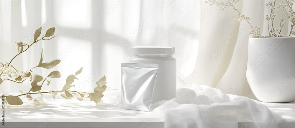 Poster elegant white jar and foil sachet on a soft white surface illuminated by natural light, complemented