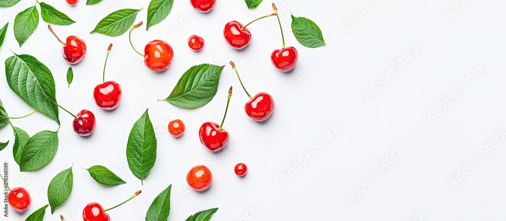 Poster vibrant red cherries and lush green leaves artistically arranged on a white background in a top view