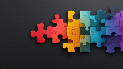 Pieces of a colorful puzzle flying apart, creating an abstract dynamic scene, on a clean black background