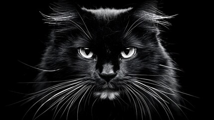 Close-up portrait of a black cat with intense gaze against a dark background.