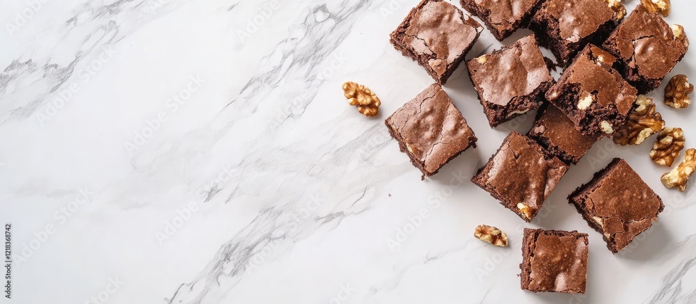 Poster brownies with nuts and cocoa arranged on white marble background showcasing rich textures and entici