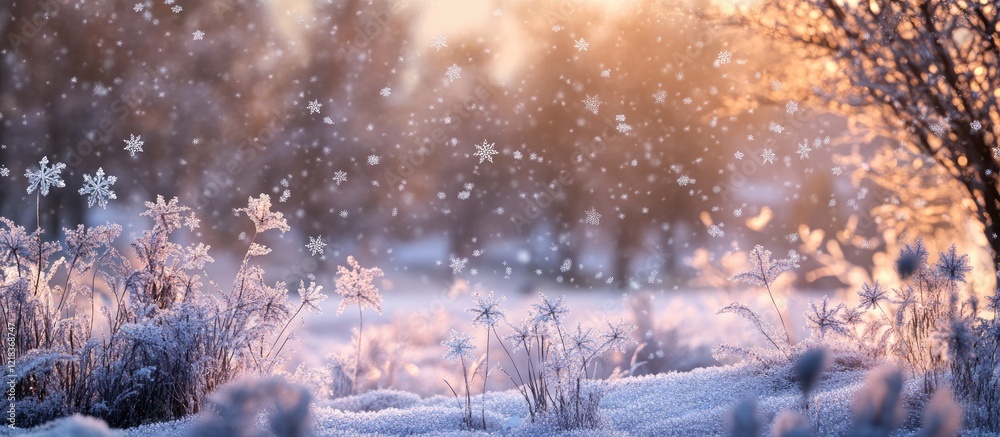 Poster serene winter landscape with golden sunlight illuminating delicate snowflakes falling softly on a sn