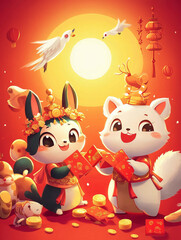Fototapeta premium A whimsical Chinese New Year red background vector featuring cute cartoon animals like a rabbit and a dragon, both wearing festive outfits. They are surrounded by red envelopes and gold coins, with a 