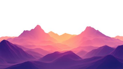Vibrant and colorful mountain landscape featuring gradients of purple and orange hues during sunset, creating a serene atmosphere.
