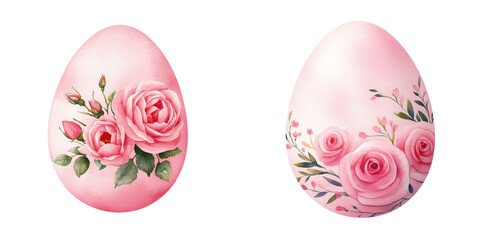Fototapeta premium Decorative pink eggs adorned with elegant rose paintings, showcasing intricate floral designs and soft pastel hues.