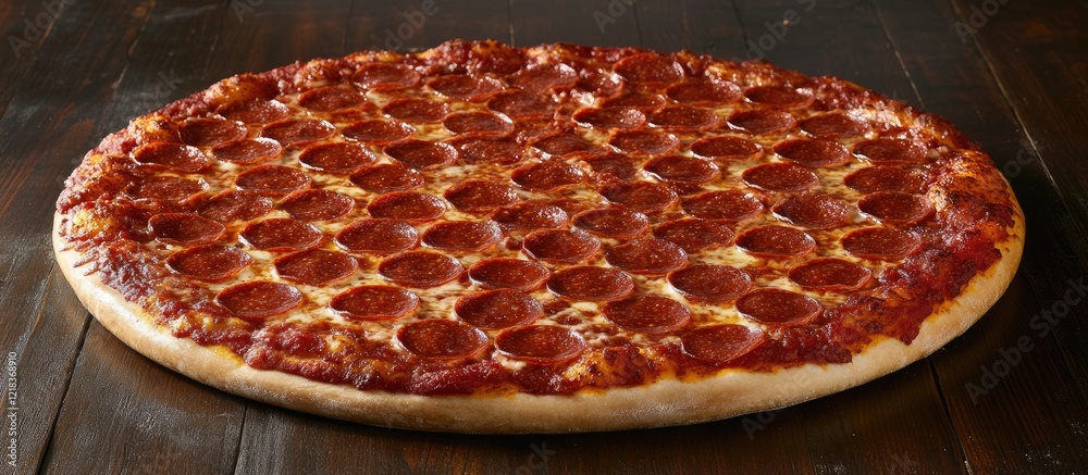 Poster appetizing pepperoni pizza on a dark wooden table with a circular view showcasing numerous pepperoni