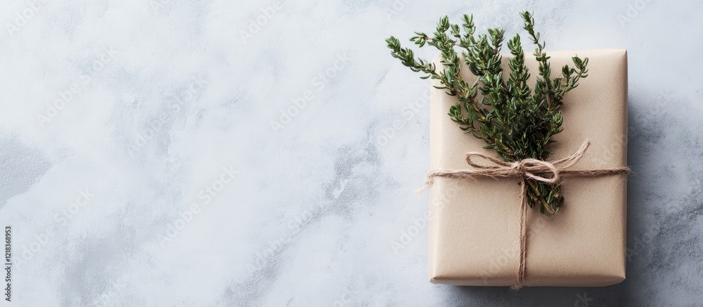 Poster minimalist gift box wrapped in natural paper with twine on a light gray background featuring fresh h
