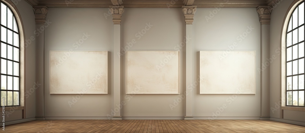 Poster spacious art gallery with three blank frames on light walls, large arched windows allowing natural l