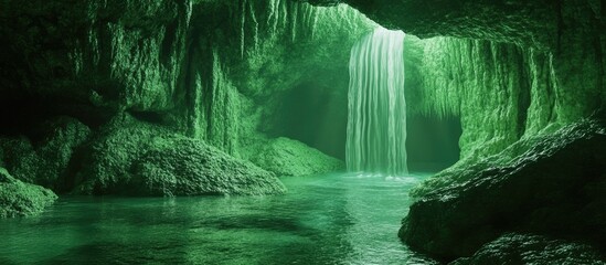 Emerald green cave with shimmering waterfall cascading into tranquil pool surrounded by lush vegetation in a captivating fantasy landscape.